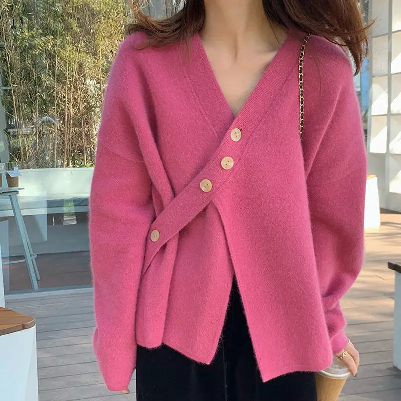 V-Neck Solid Simplicity Office Lady Autumn Knit Cardigan