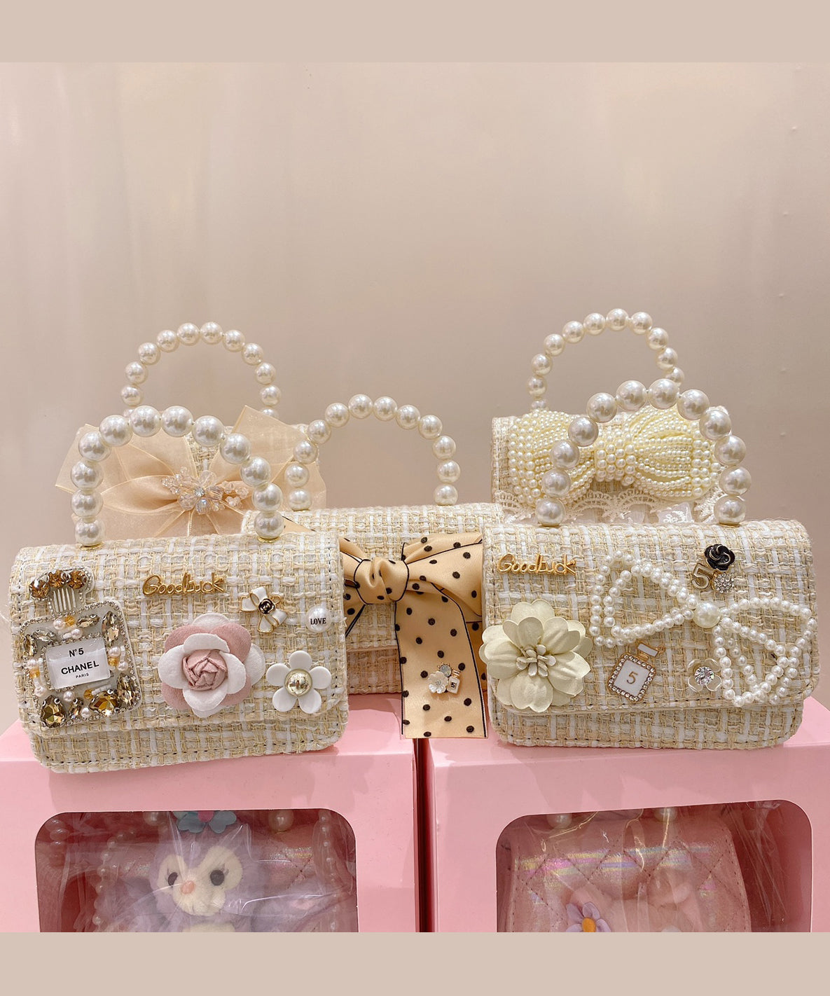 Korean Version Chain Linked Bow Nail Bead Tote Handbag