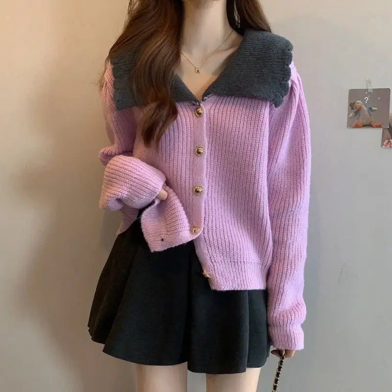 Doll Neck Single Breasted Loose Knit Cardigan