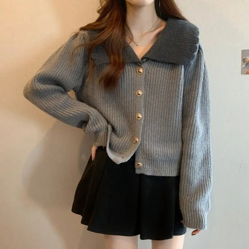 Doll Neck Single Breasted Loose Knit Cardigan