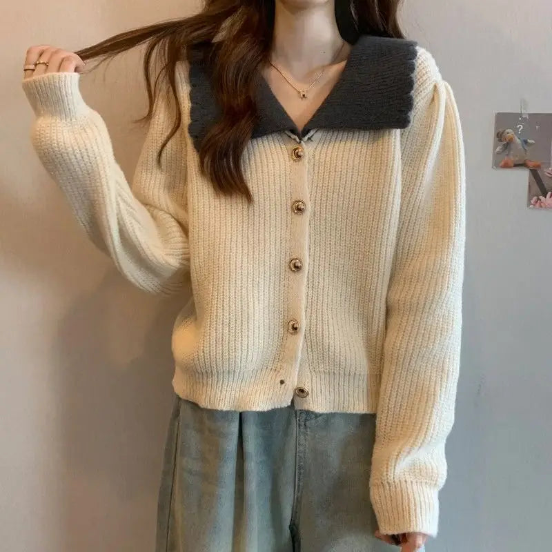 Doll Neck Single Breasted Loose Knit Cardigan