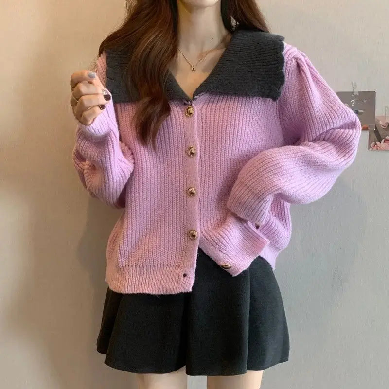 Doll Neck Single Breasted Loose Knit Cardigan