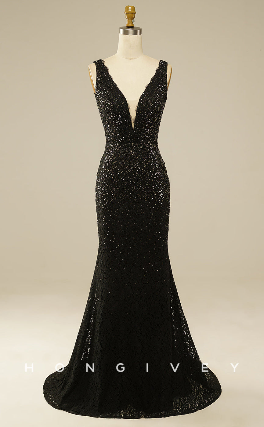 L0819 - Plunging Illusion Beaded Lace Trumpet Fitted Dress With Train - Fashionpara