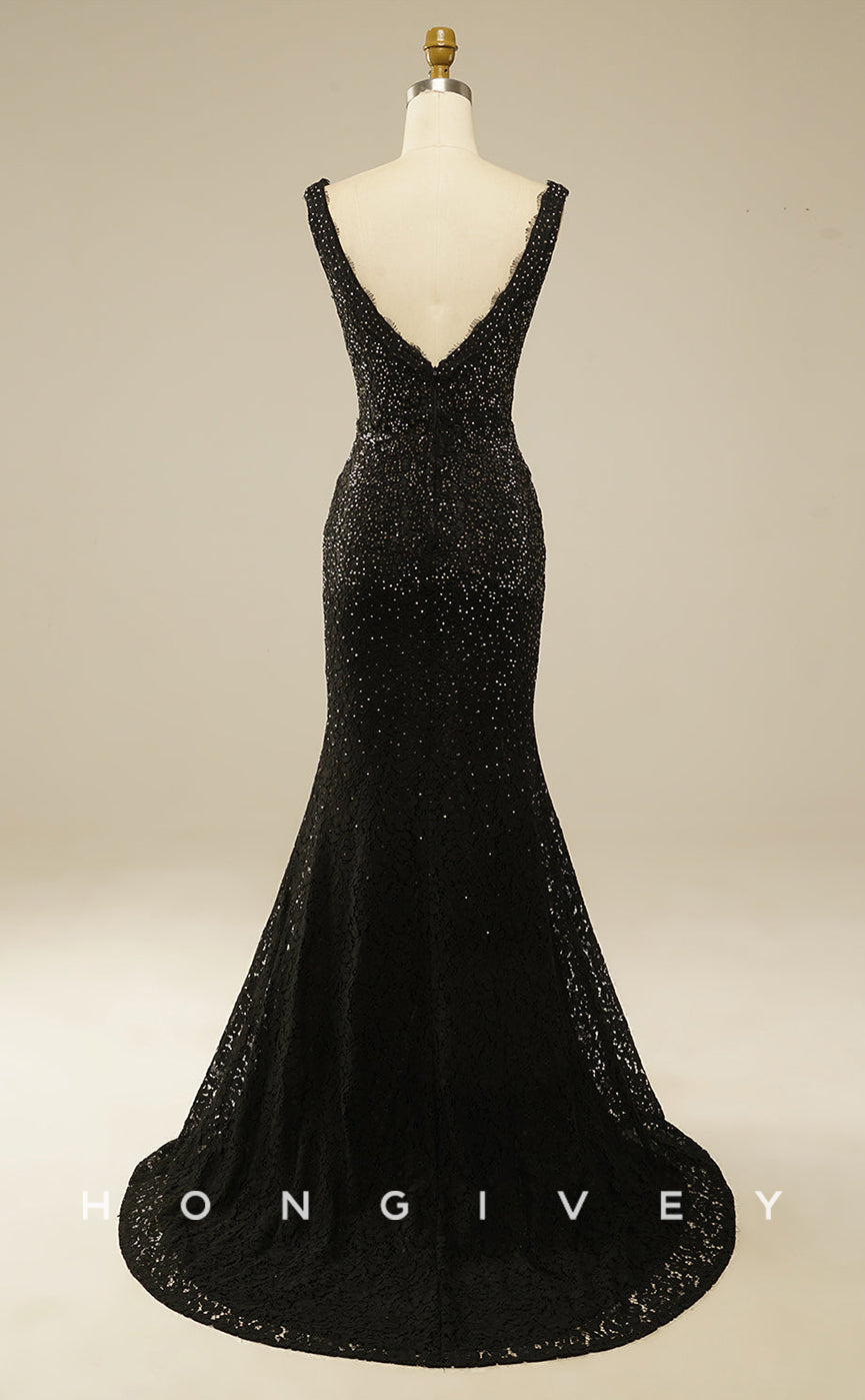 L0819 - Plunging Illusion Beaded Lace Trumpet Fitted Dress With Train - Fashionpara