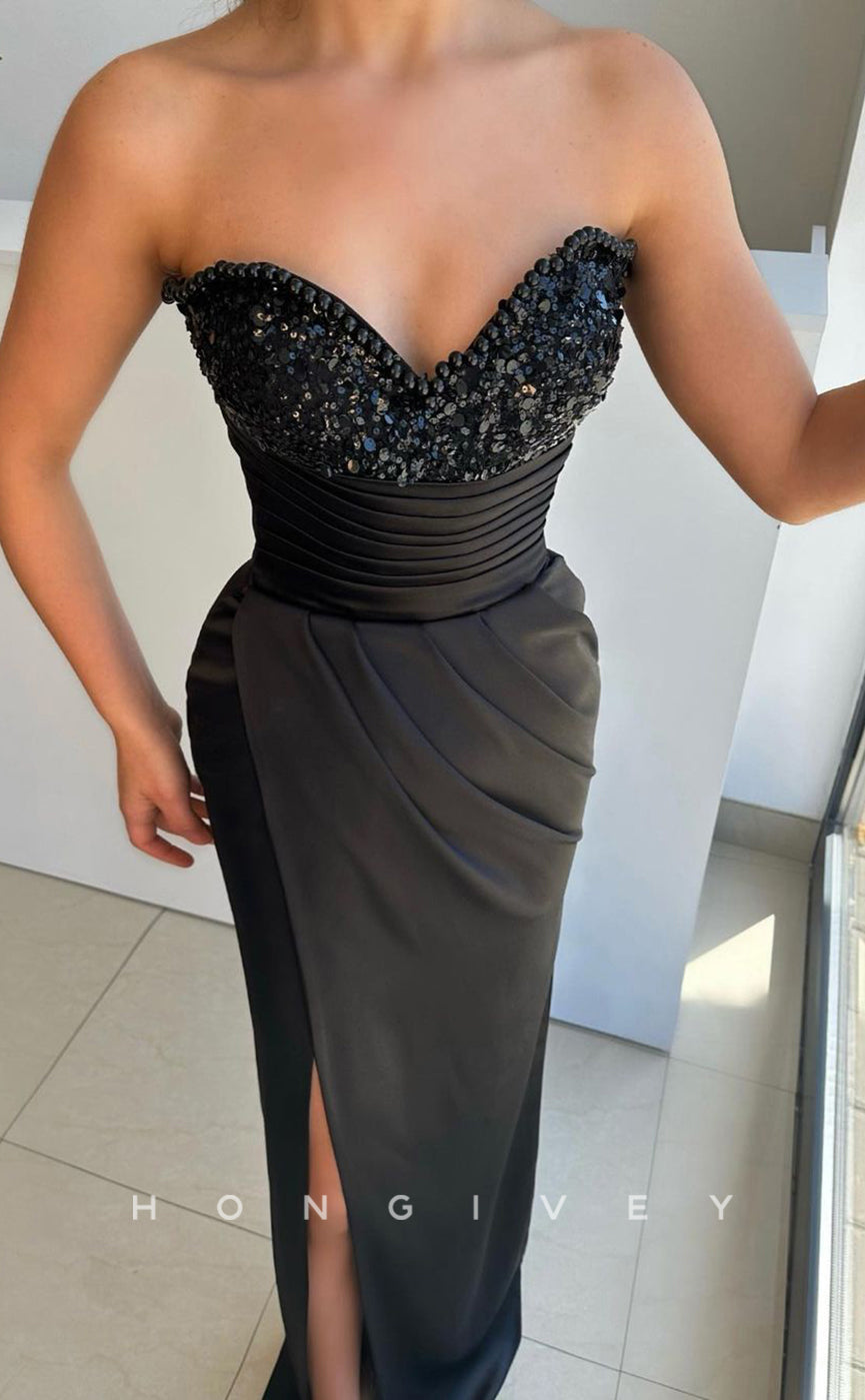 L0948 -Beaded Lace Satin Paneled Sleeveless With Slit Evening Party Prom Dress - Fashionpara