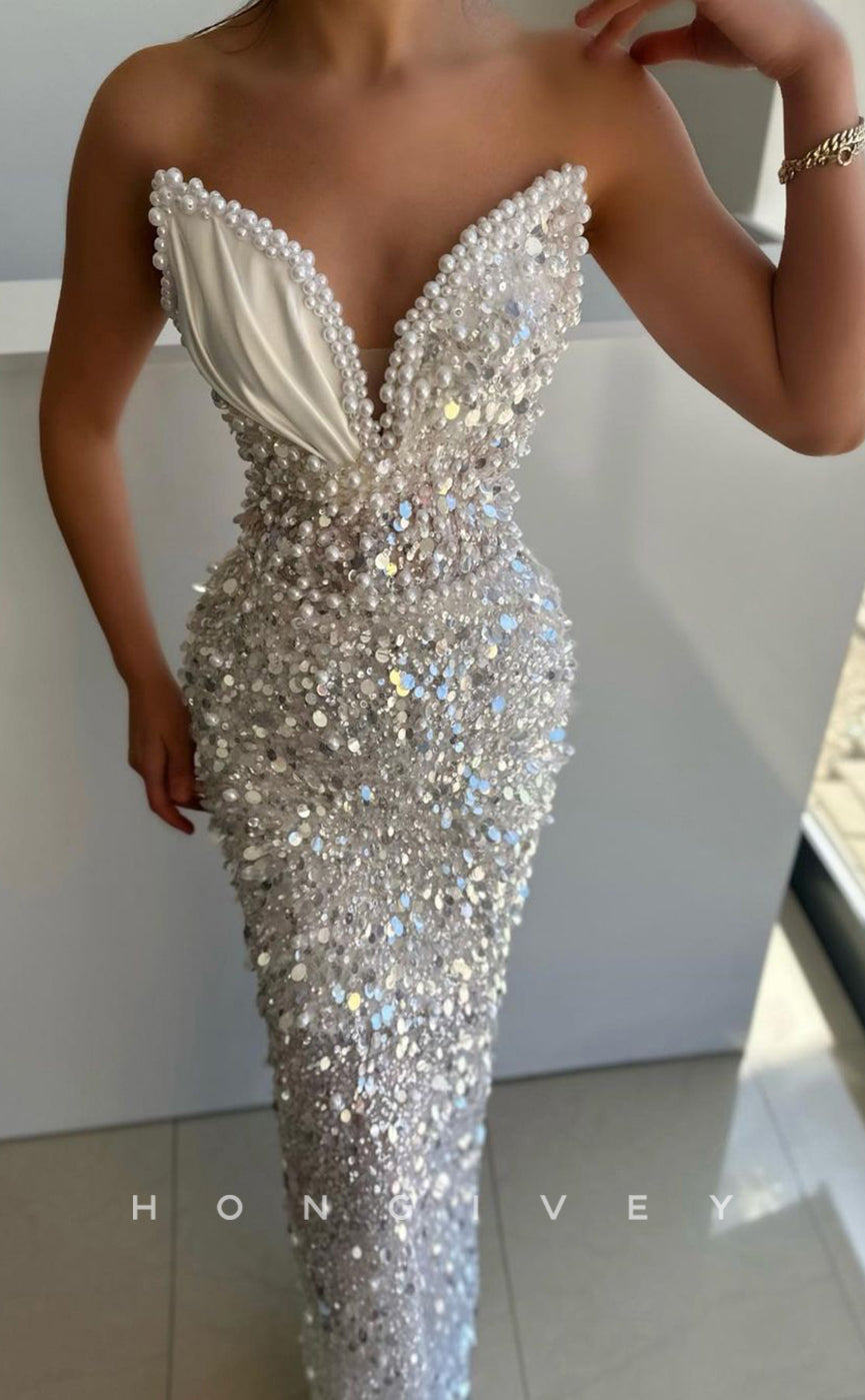 L0949 - Fully Sequined Beaded Embellished Sleeveless Plunging Illusion Party Evening Prom Dress - Fashionpara