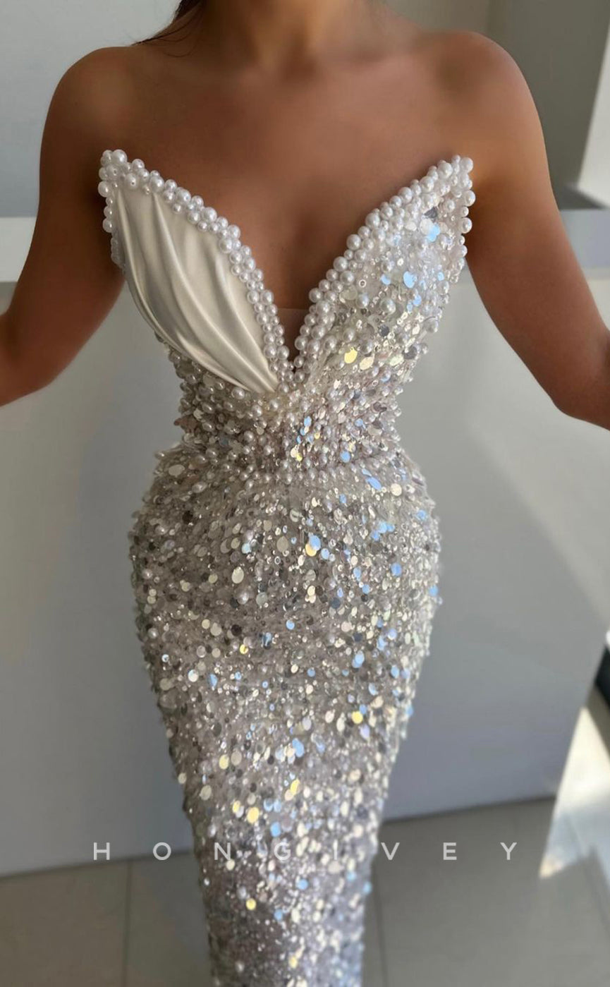 L0949 - Fully Sequined Beaded Embellished Sleeveless Plunging Illusion Party Evening Prom Dress - Fashionpara
