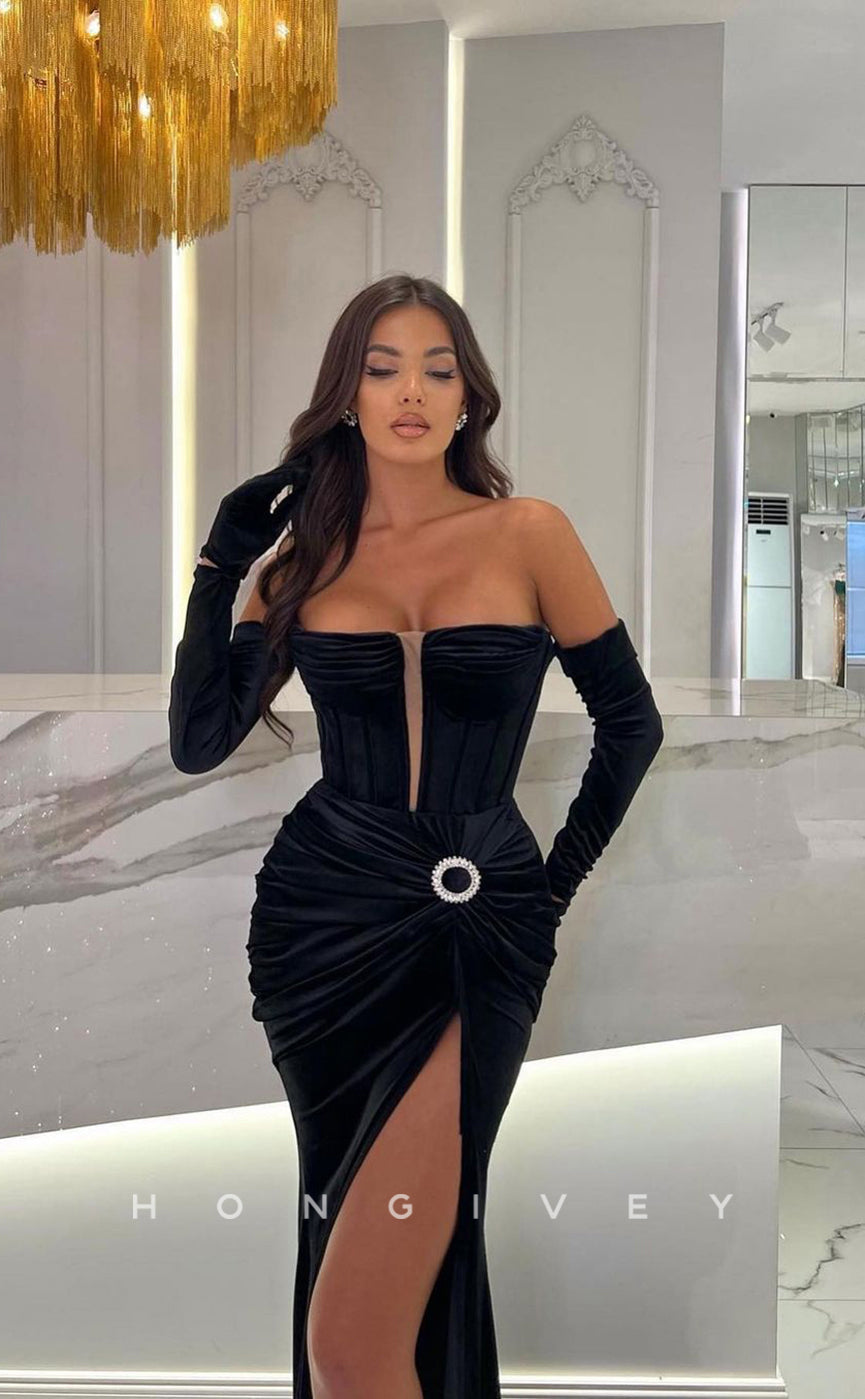 L0954 - Sexy Plunging Illusion With Train And High Slit Formal Evening Party Prom Dress - Fashionpara