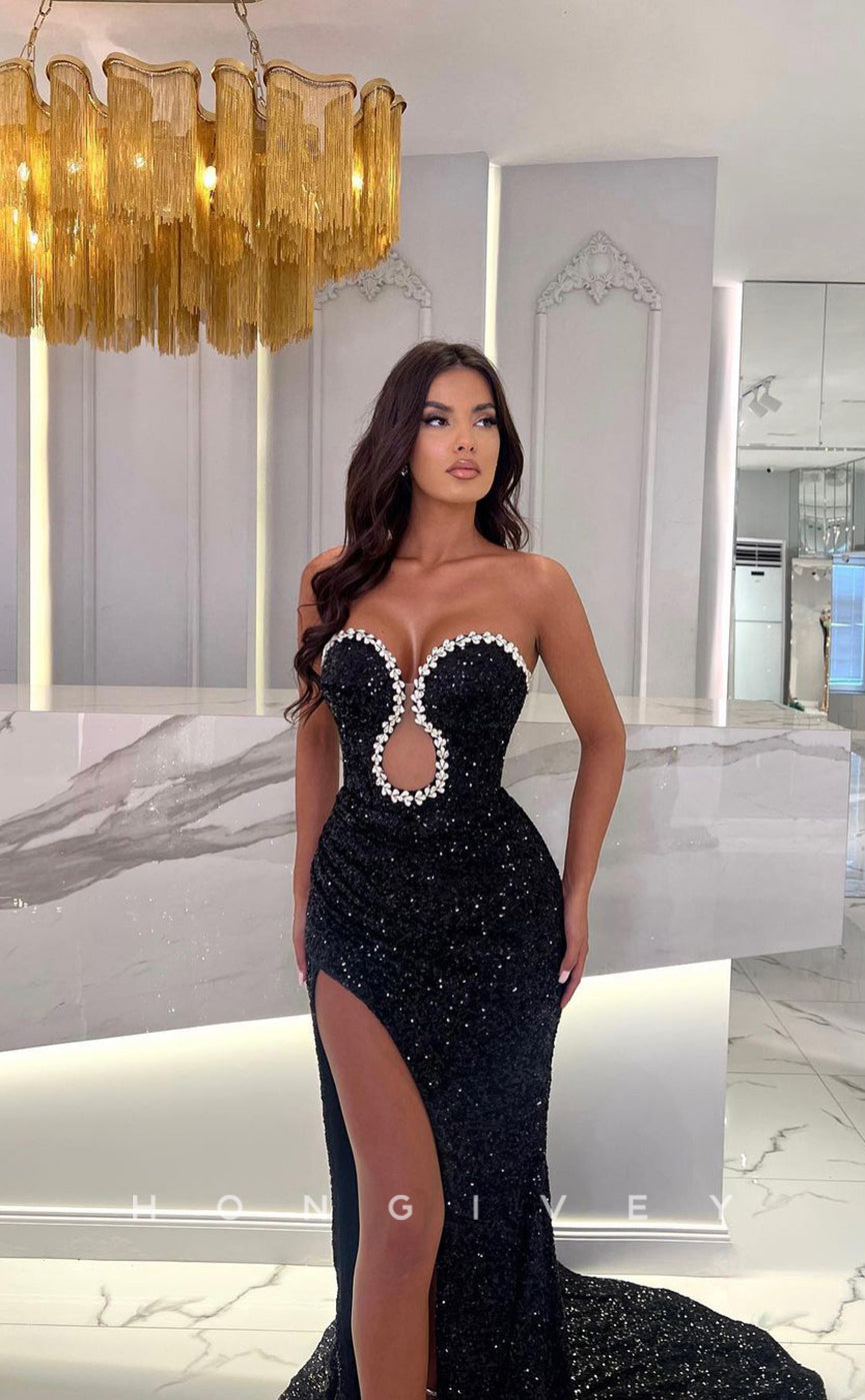 L0955 - Sexy Fully Sequined Rhinestone Cutout With Train And High Slit Formal Evening Party Prom Dress - Fashionpara