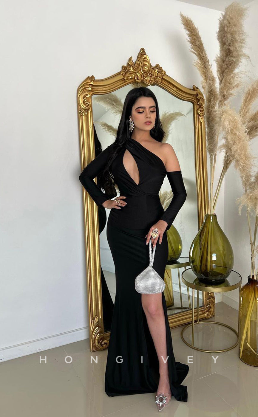 L1006 - Asymmetrical Sleeves Cutout With Train And Slit Evening Prom Formal Party Dress - Fashionpara