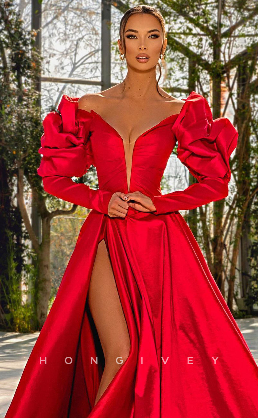 L0926 - Sheer Ballgown V-Neck Trumpet Puff Sleeves With Train And High Slit Evening Party Prom Dress - Fashionpara