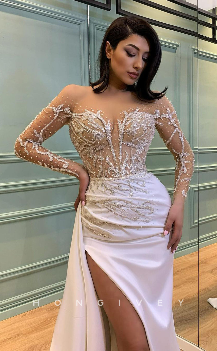 L0992 - Sparkly Ornate Crystal Beaded Illusion With Train And Slit Prom Evening Party Formal Dress - Fashionpara