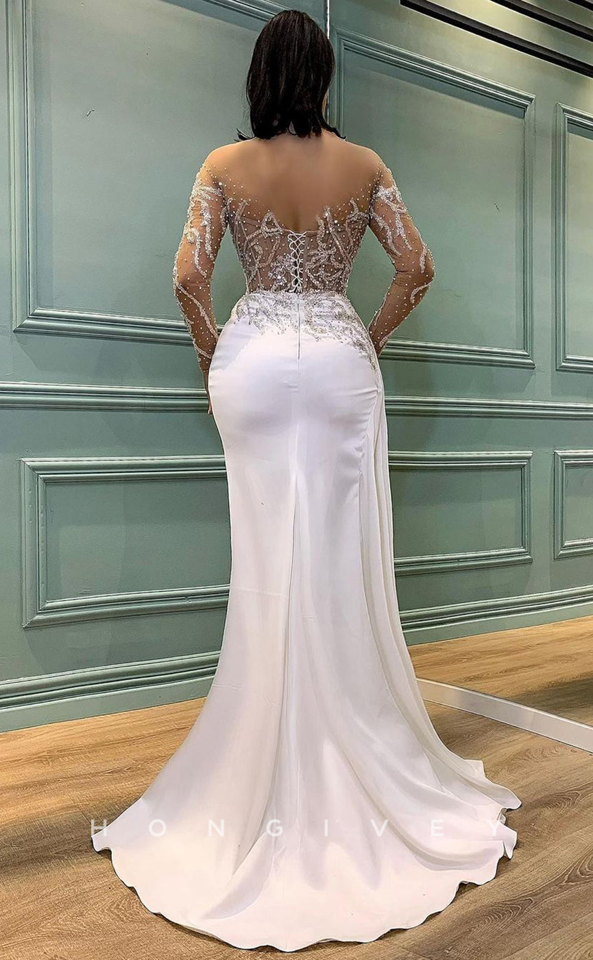 L0992 - Sparkly Ornate Crystal Beaded Illusion With Train And Slit Prom Evening Party Formal Dress - Fashionpara