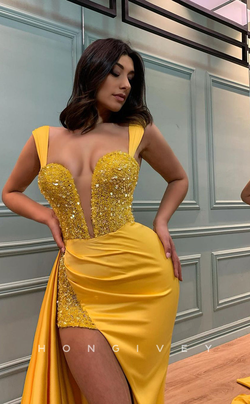 L0994 - Glitter Sequined Paneled Plunging Illusion With Train And Slit Prom Evening Party Formal Dress - Fashionpara