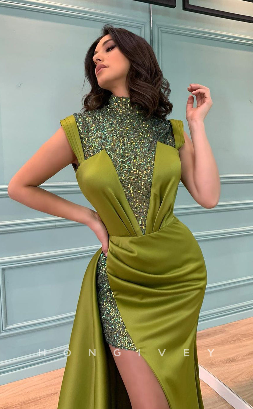 L0999 - Glitter Halter Sequined Paneled With Train And Slit Evening Party Prom Formal Dress - Fashionpara