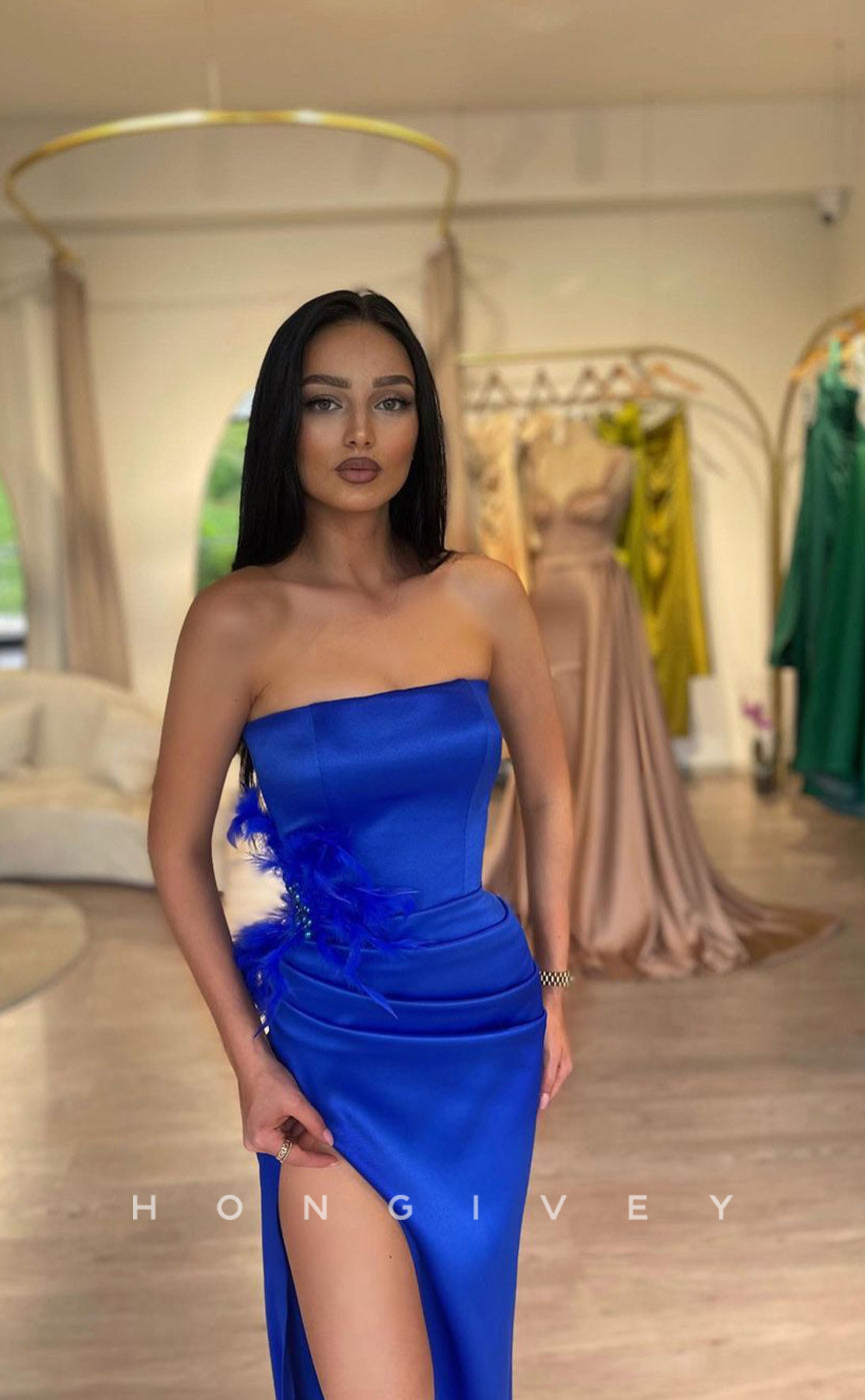 L1027 - Feathered Embellished Strapless With Train And Slit Evening Formal Party Prom Dress - Fashionpara