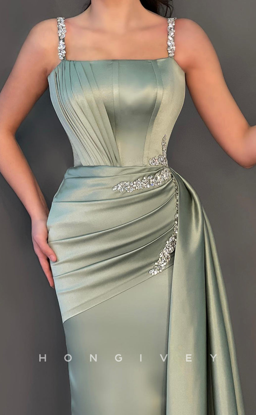 L1062 - Couture Crystal Beaded Ruched With Train Formal Party Prom Evening Dress - Fashionpara