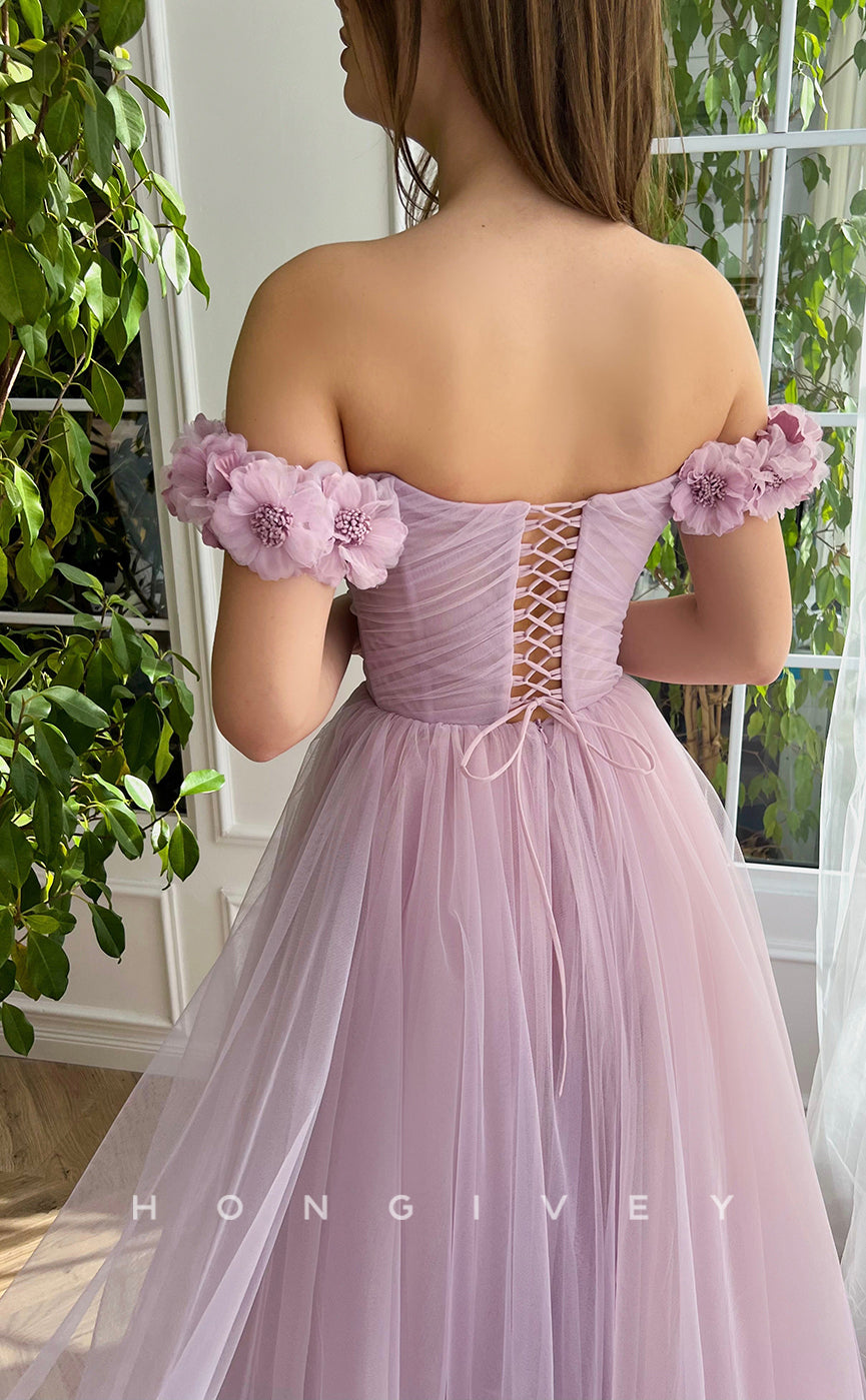 L1070 - Sweet Floral Embossed Lace-Up Back With Train And Slit Party Prom Evening Formal Dress - Fashionpara
