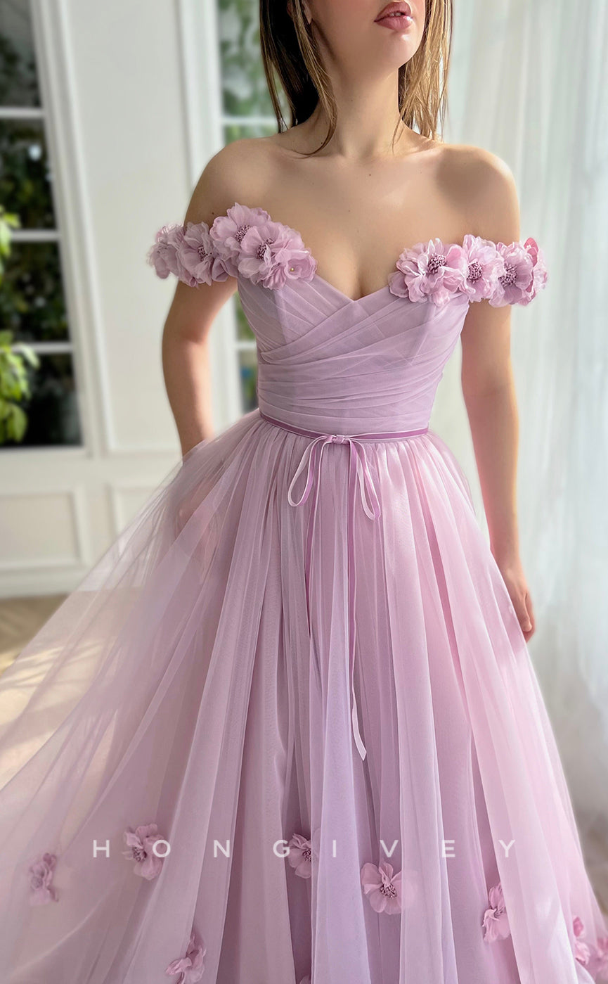 L1070 - Sweet Floral Embossed Lace-Up Back With Train And Slit Party Prom Evening Formal Dress - Fashionpara