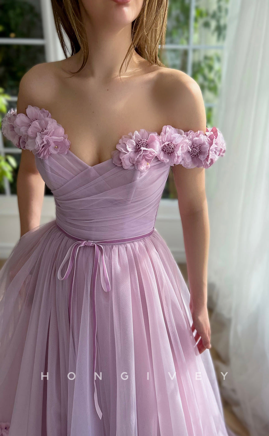 L1070 - Sweet Floral Embossed Lace-Up Back With Train And Slit Party Prom Evening Formal Dress - Fashionpara