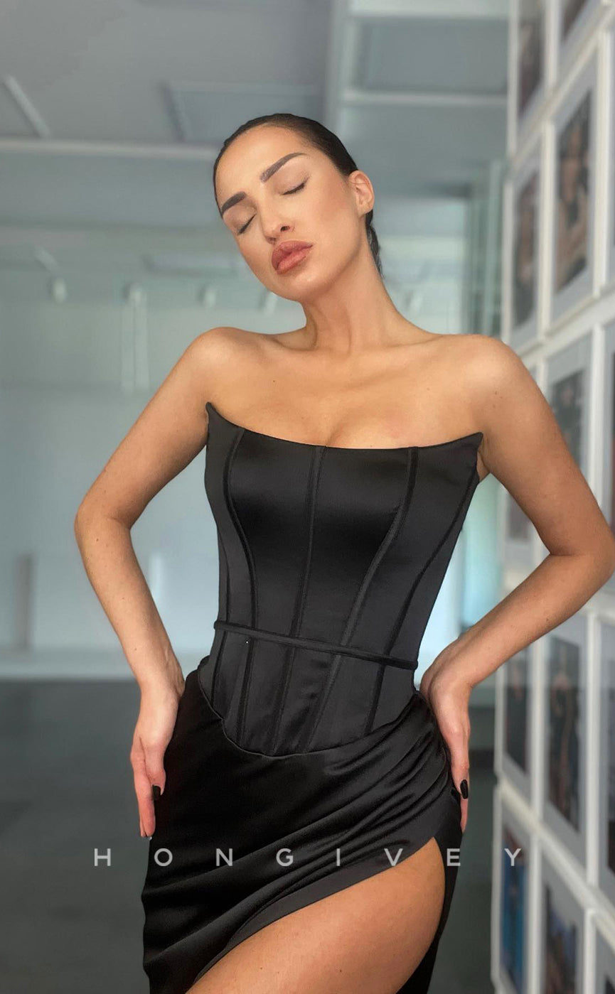 L1072 - Simple Sexy Strapless With Train And Slit Evening Formal Party Prom Dress - Fashionpara