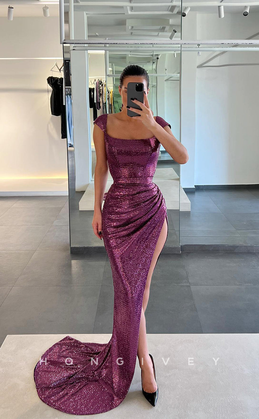 L1077 - Glitter Sexy Ruched With Train And Slit Party Prom Formal Evening Dress - Fashionpara