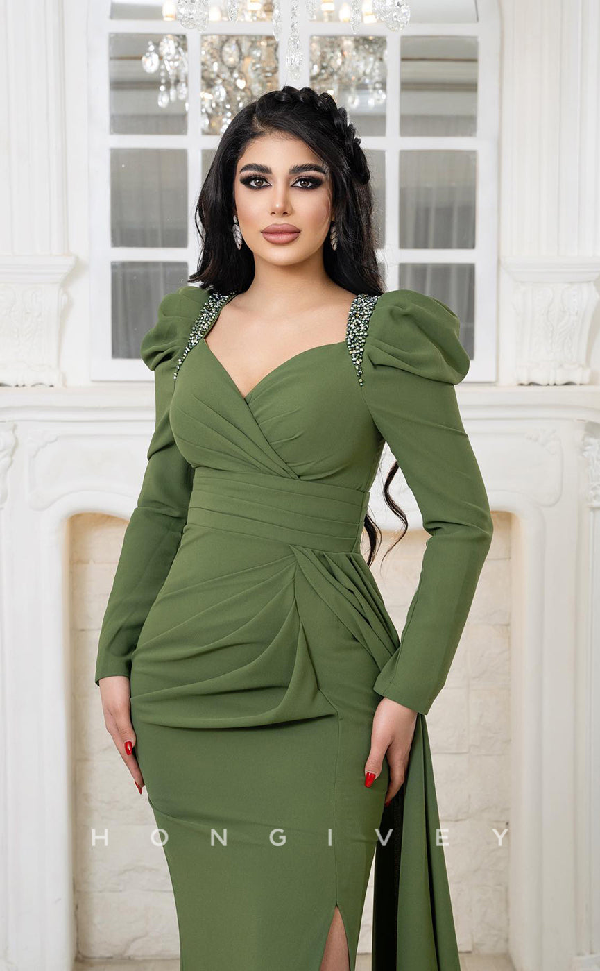 L1079 - Crystal Beaded Long Sleeves Mermaid With Train And Slit Evening Party Prom Formal Dress - Fashionpara