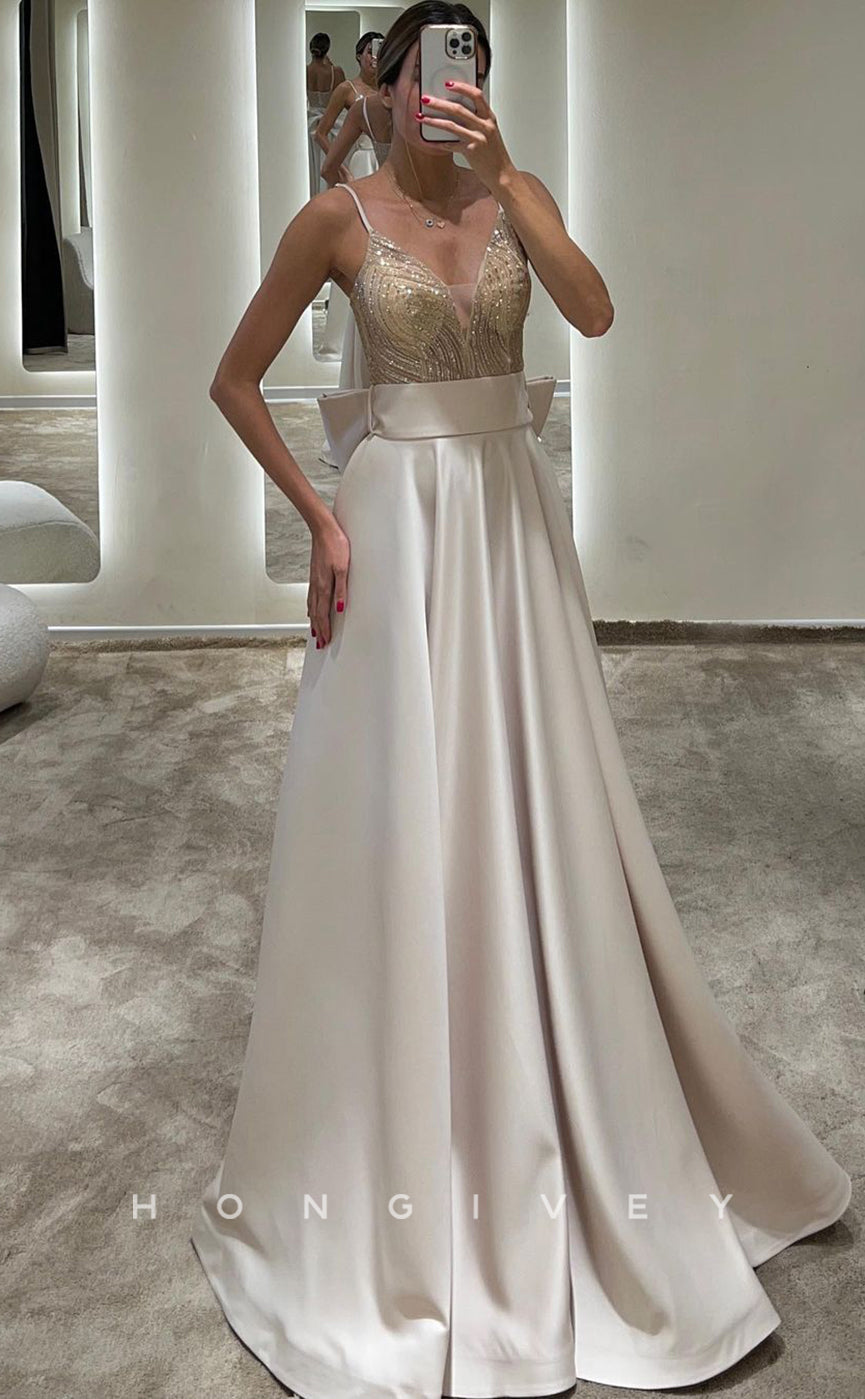 L1093 - Sequined Embroidered Plunging Illusion Sheer With Bow Detail Evening Party Formal Prom Dress - Fashionpara