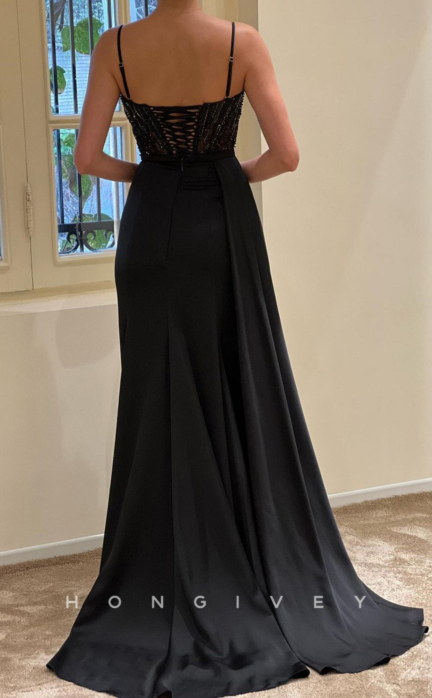 L1094 - Illusion Lace Crystal Beaded With Train And Slit Party Formal Prom Evening Dress - Fashionpara