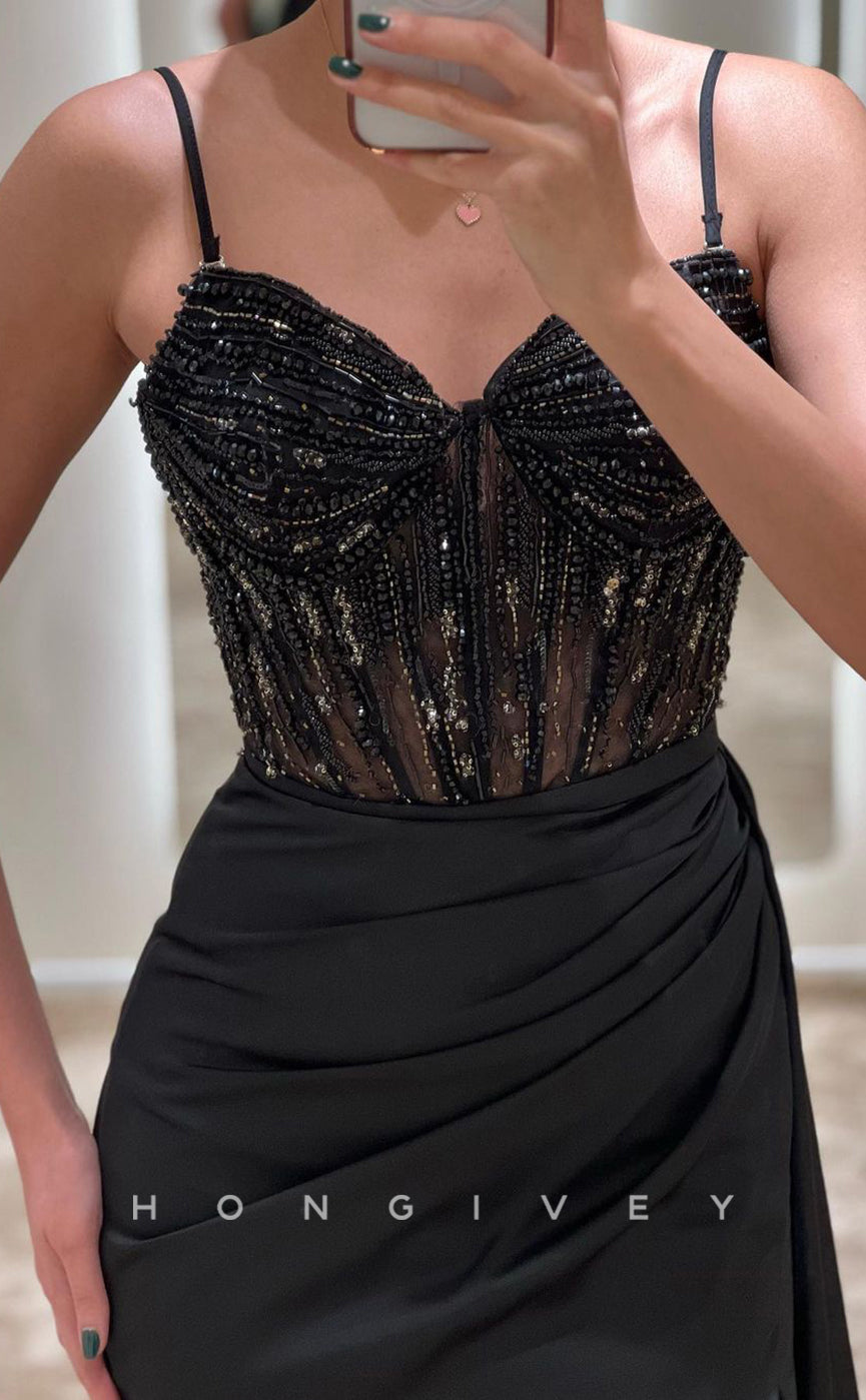 L1094 - Illusion Lace Crystal Beaded With Train And Slit Party Formal Prom Evening Dress - Fashionpara