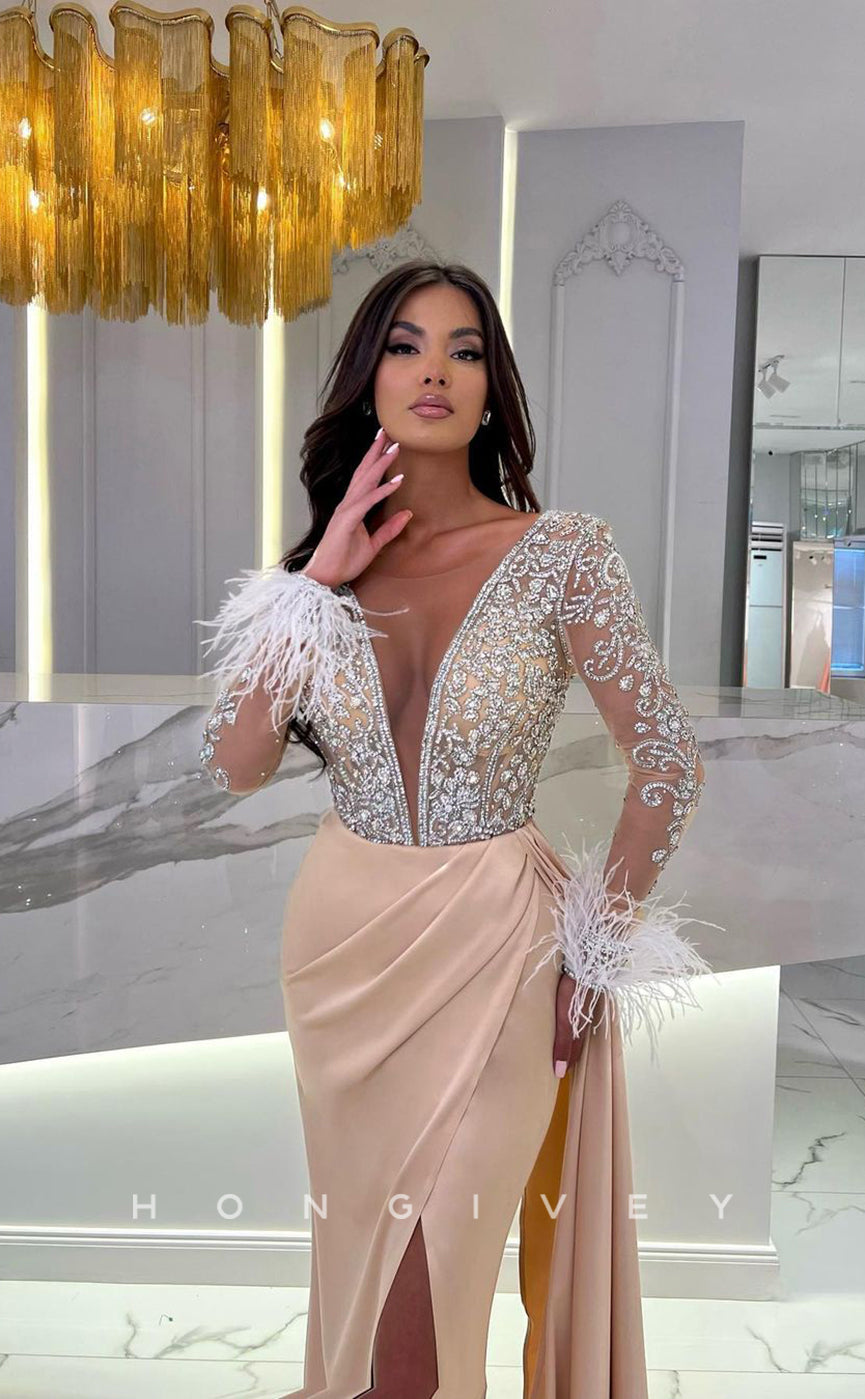 L1106 - Crystal Beaded Feathered Sheer Plunging Illusion With Train And Slit Evening Formal Party Prom Dress - Fashionpara