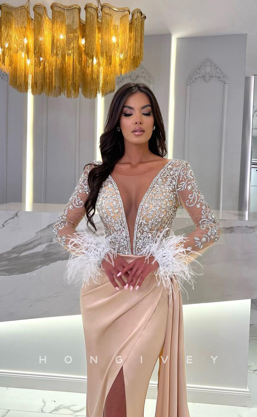 L1106 - Crystal Beaded Feathered Sheer Plunging Illusion With Train And Slit Evening Formal Party Prom Dress - Fashionpara