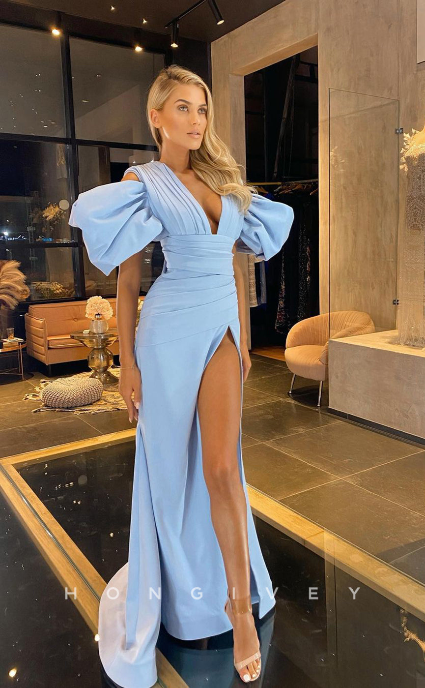 L1111 - Cutout Puff Sleeves V-Neck WithTrain And Slit Party Prom Formal Evening Dress - Fashionpara
