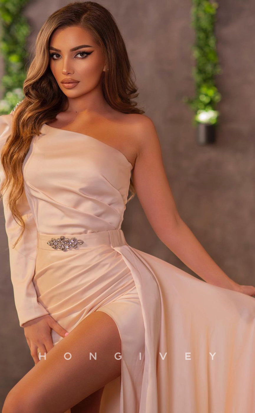 L1136 - Crystal Beaded One Shoulder With Train And Slit Evening Party Prom Formal Dress - Fashionpara
