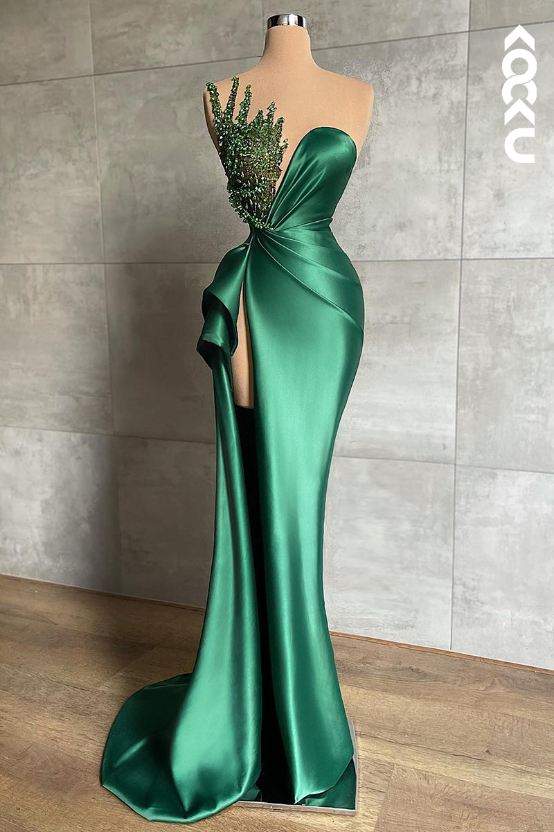 Sheath/Column Lllusion Neckline Satin Pleats Sleeveless Prom Dress