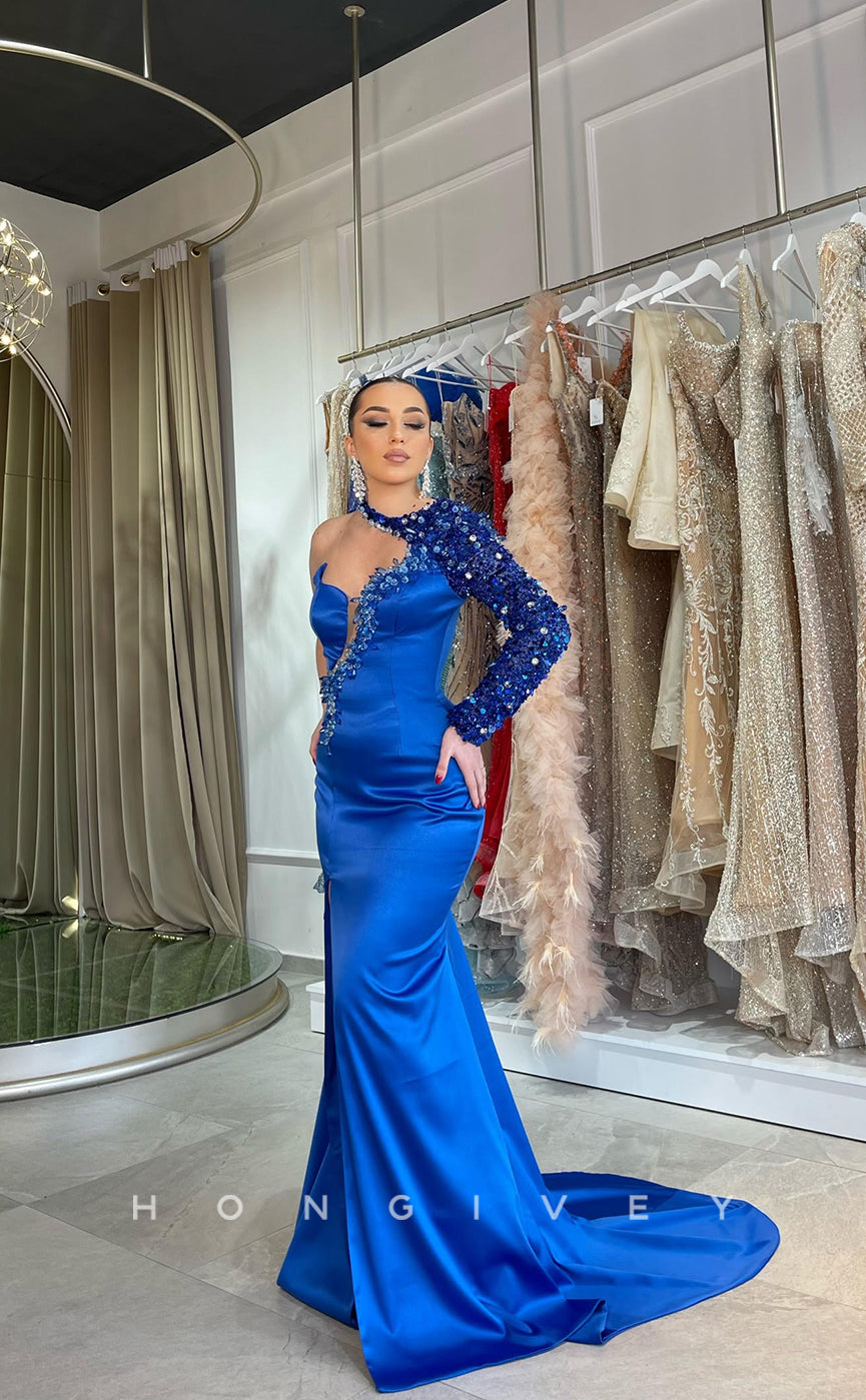 L1148 - One Shoulder Sequined Embellished Plunging Illusion With Train And Slit Evening Formal Party Prom Dress - Fashionpara