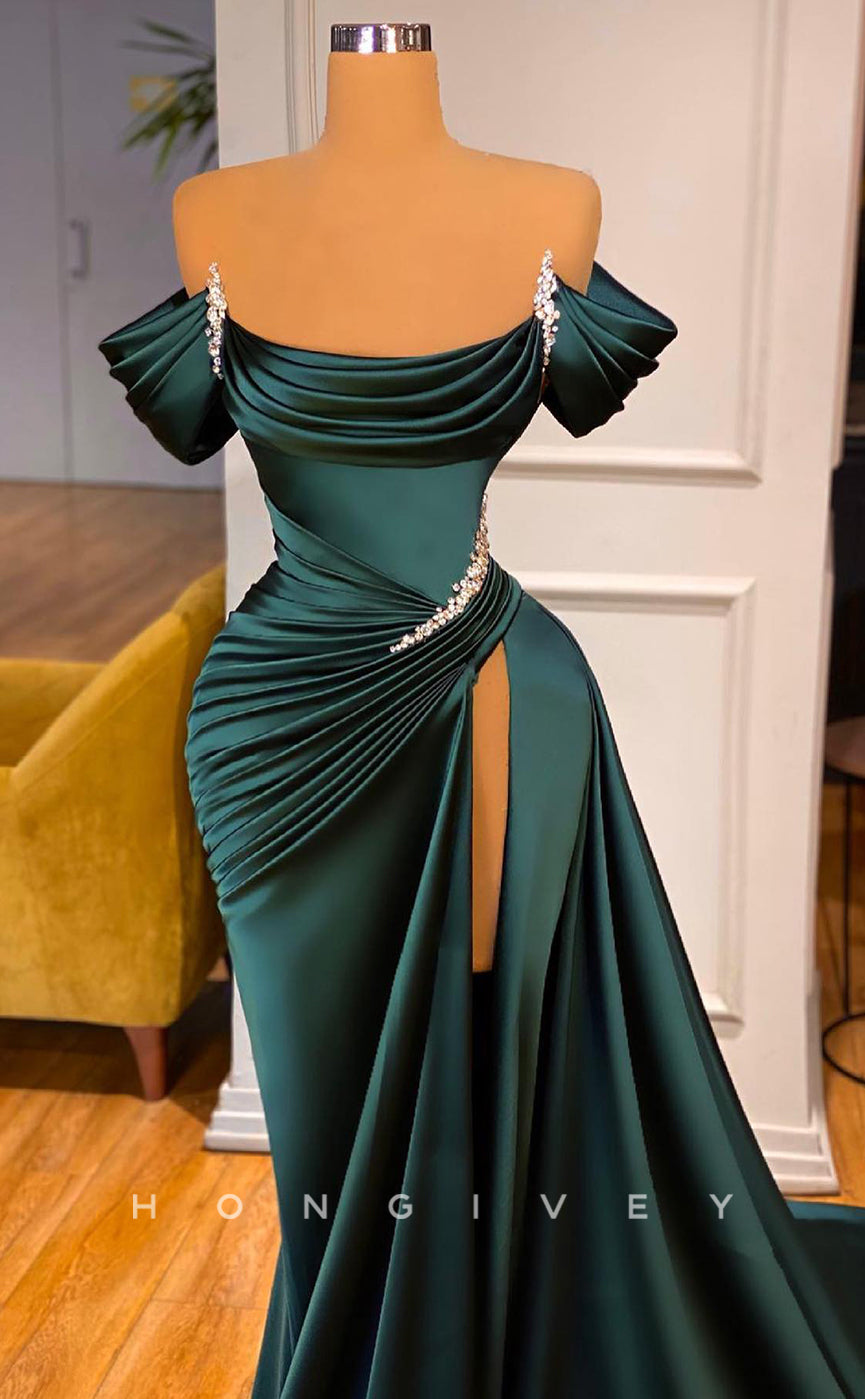 L1158 - Crystal Beaded Ruched With Train And Slit Formal Party Prom Evening Dress - Fashionpara