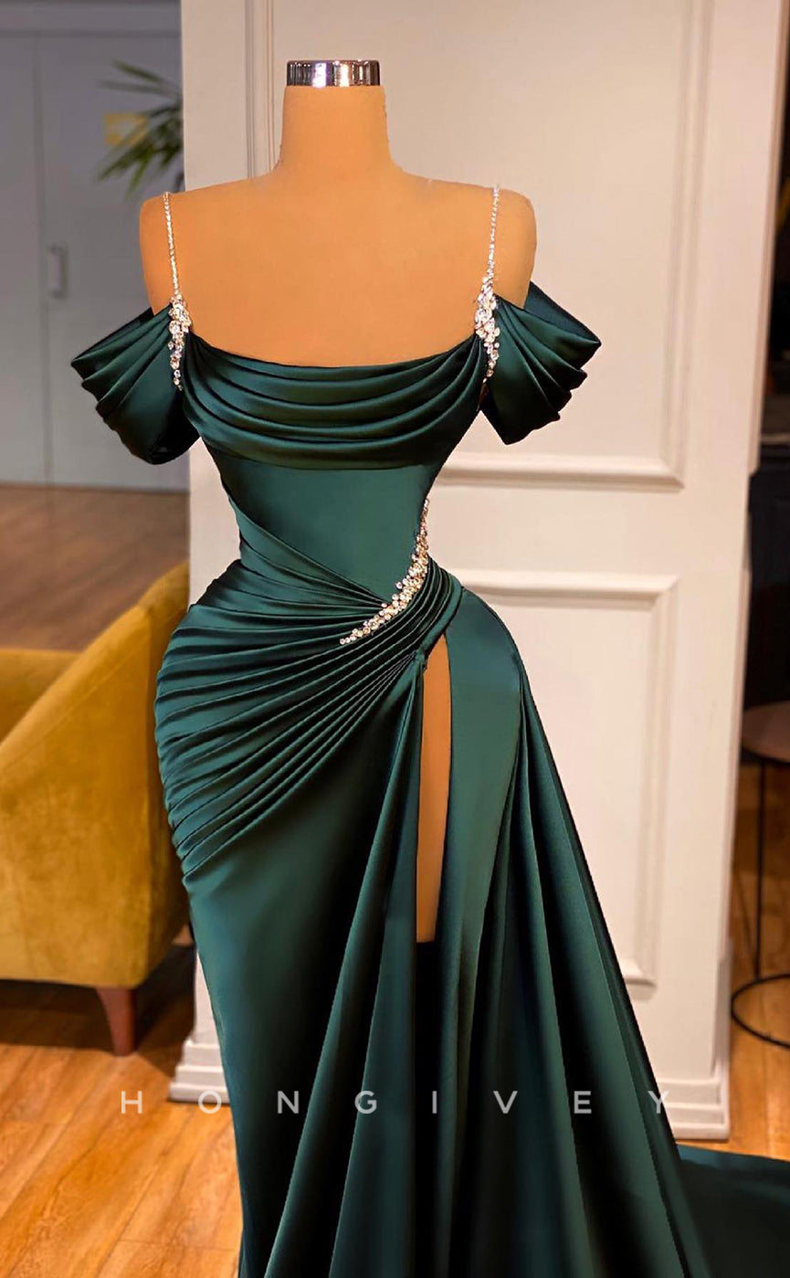 L1158 - Crystal Beaded Ruched With Train And Slit Formal Party Prom Evening Dress - Fashionpara