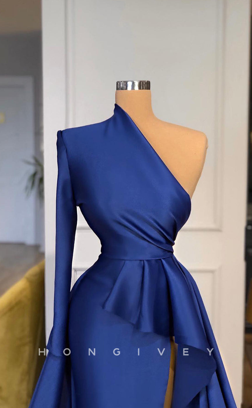 L1165 - Couture One Shoulder Ruched With Train And Slit Party Prom Evening Formal Dress - Fashionpara