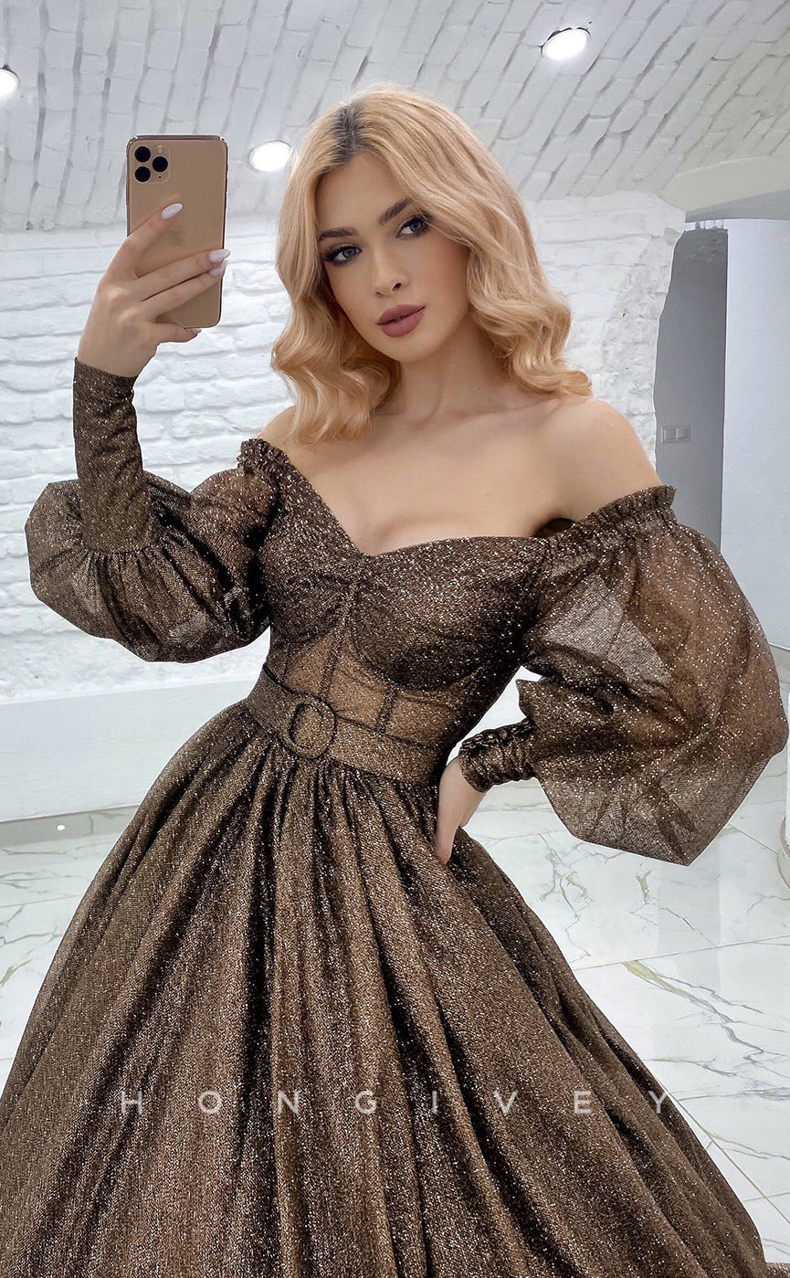 L1170 - Sparkly Long Sleeves Belt Illusion With Train Party Prom Evening Formal Dress - Fashionpara