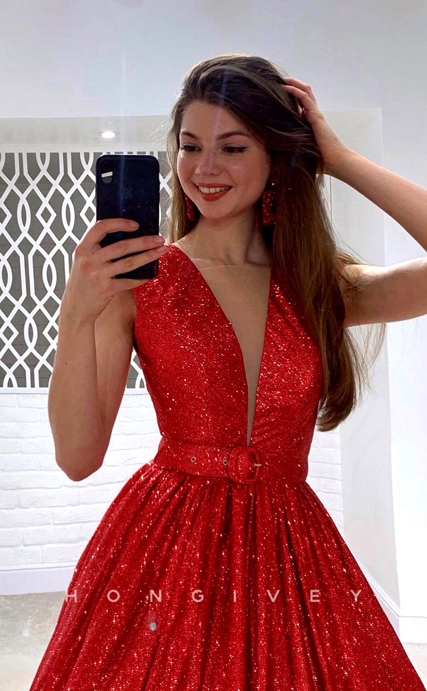 L1175 - Sparkly Plunging Illusion Open Back Ruched With Train Princess Formal Party Prom Evening Dress - Fashionpara