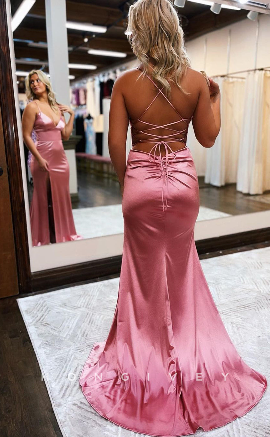 L1197 - Simple Lace-Up Back With Train And Slit Party Prom Evening Formal Dress - Fashionpara