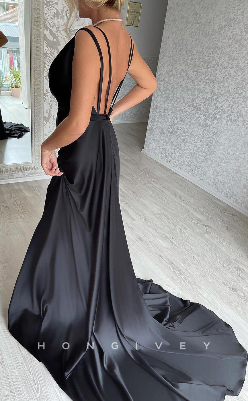 L1205 - Crystal Beaded Ruched With Train And Slit Evening Formal Party Prom Dress - Fashionpara