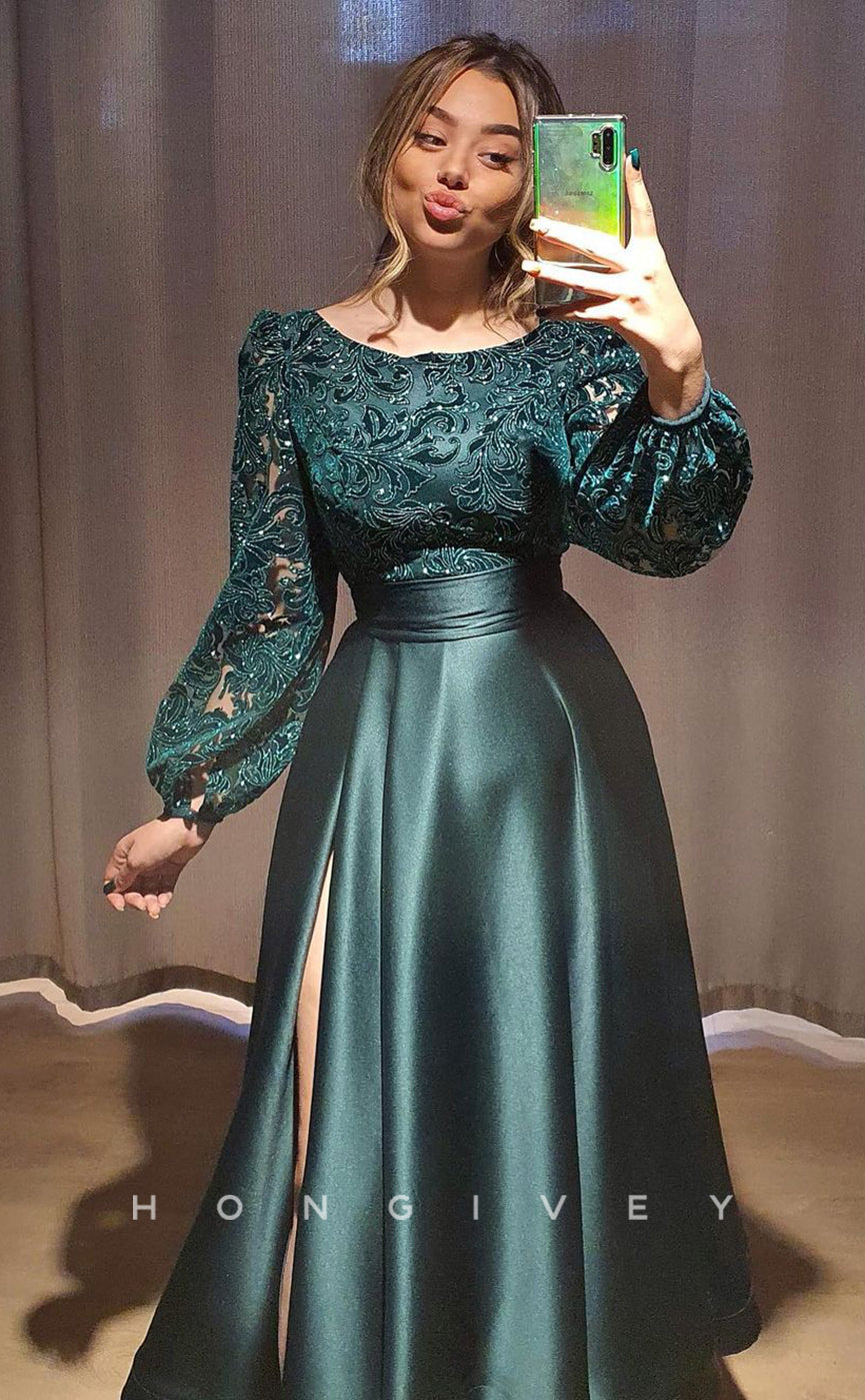 L1214 - Lace Embroidered Cutout With Slit Prom Formal Evening Party Dress - Fashionpara