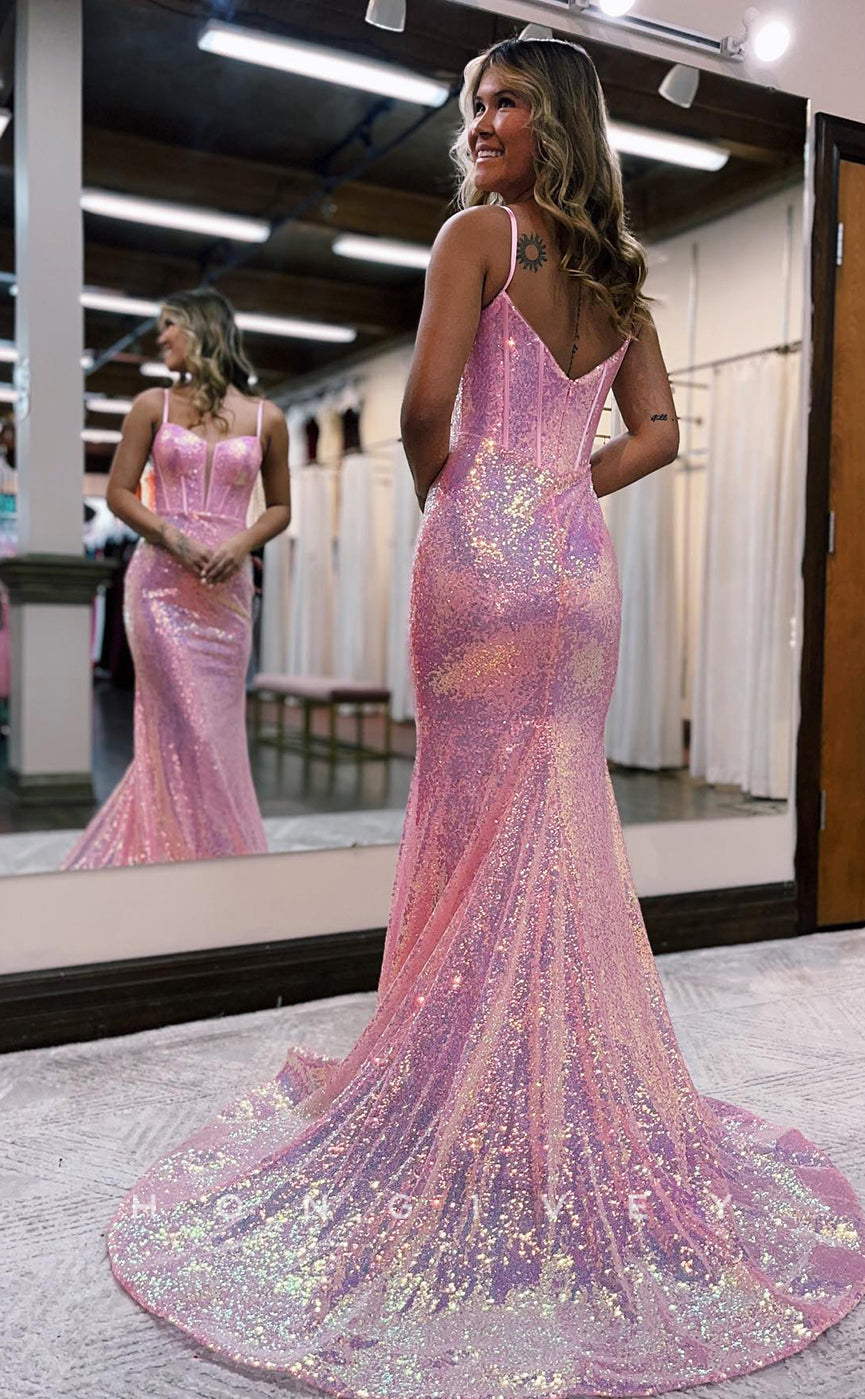 L1219 - Sparkly Fully Sequined Plunging Illusion With Train Prom Party Formal Evening Dress - Fashionpara