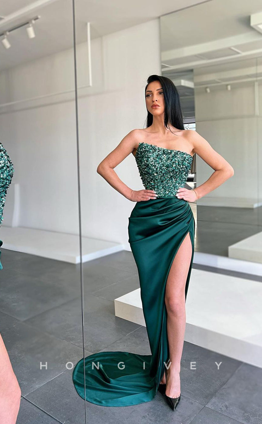 L1226 - Sequined Embellished Strapless With Train And Slit Prom Party Formal Evening Dress - Fashionpara