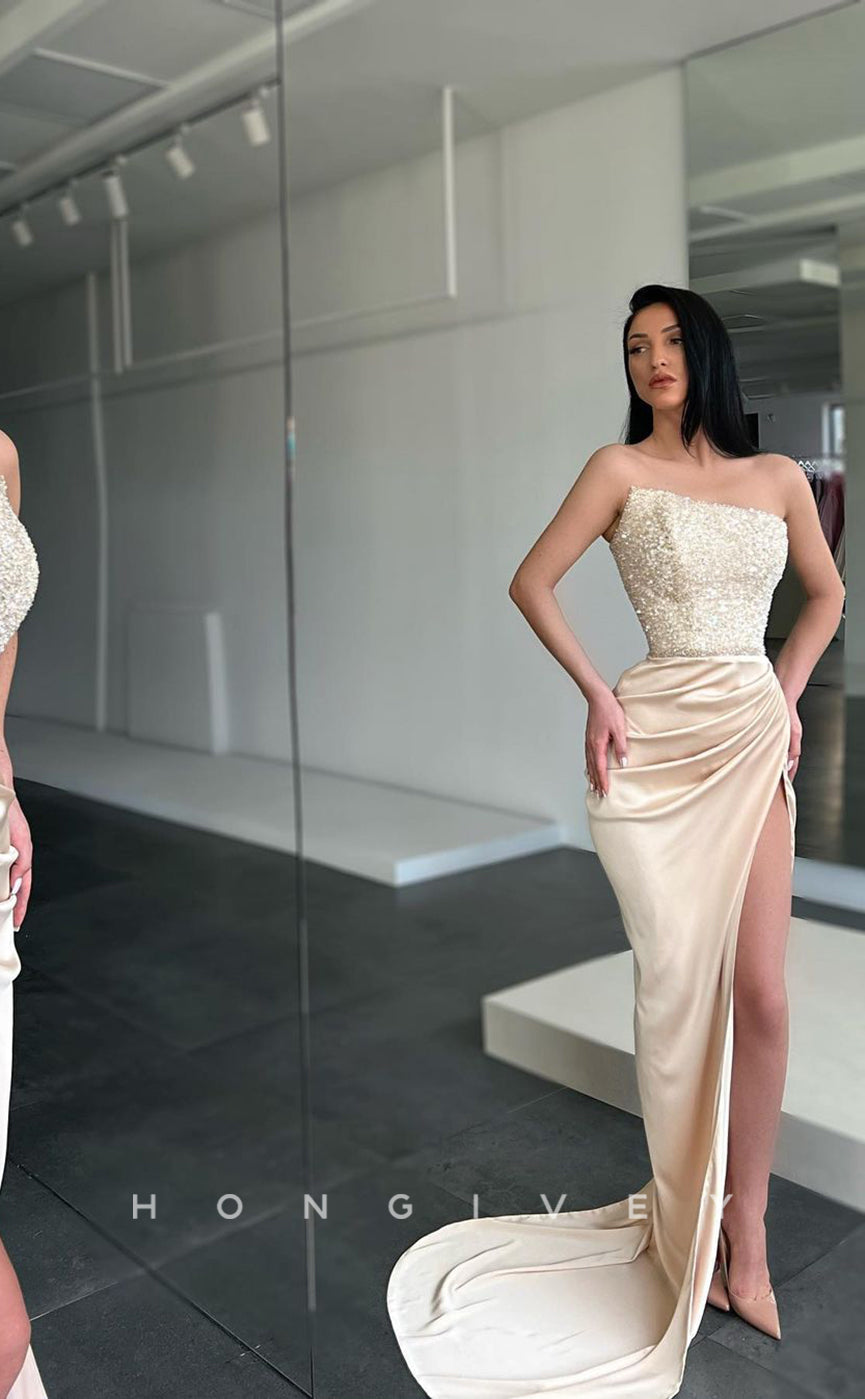 L1226 - Sequined Embellished Strapless With Train And Slit Prom Party Formal Evening Dress - Fashionpara