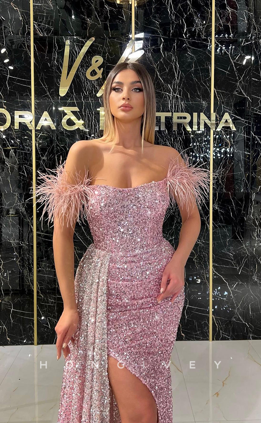 L1230 - Fully Sequined Feathered With Train And Slit Formal Evening Prom Party Dress - Fashionpara