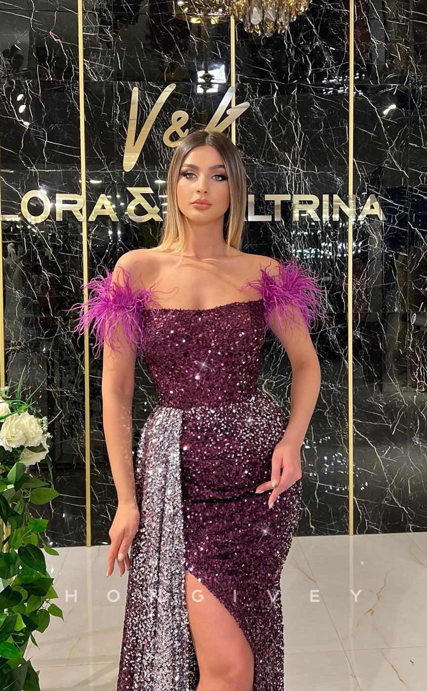 L1230 - Fully Sequined Feathered With Train And Slit Formal Evening Prom Party Dress - Fashionpara