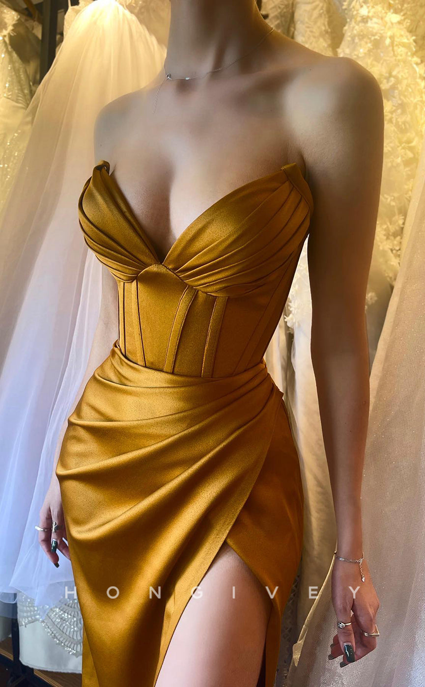 L1256 - Sexy Simple Ruched Strapless With Slit Party Evening Prom Formal Dress - Fashionpara